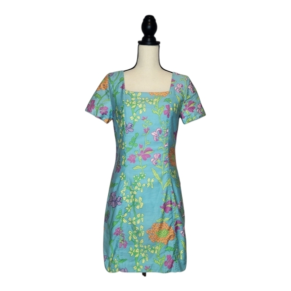 Lilly Pulitzer Dress Vintage Bluee Floral Sassafras Square Neck Sheath Size 8 - Picture 1 of 8